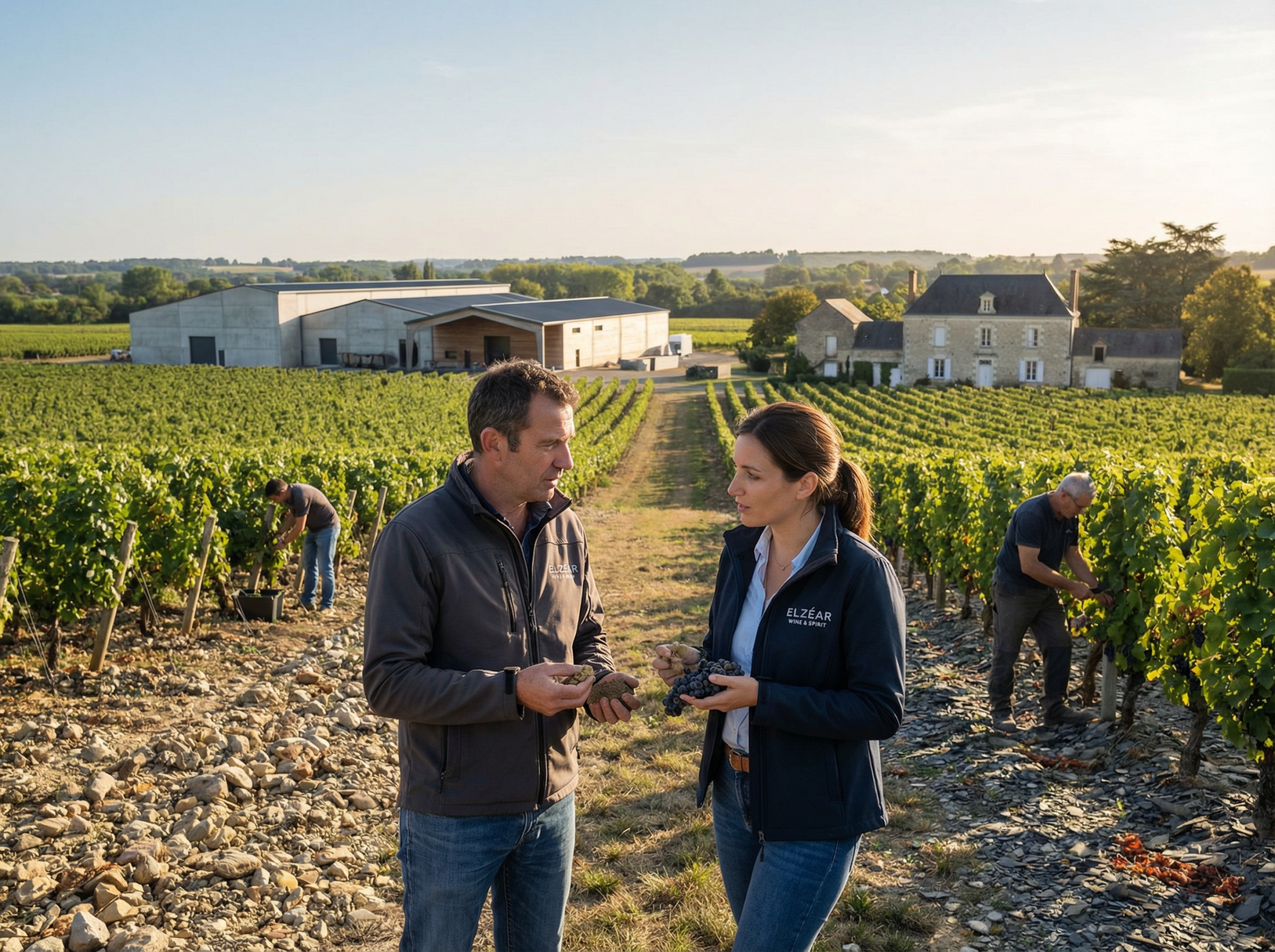 Vignerons discutant dans un vignoble au coucher du soleil