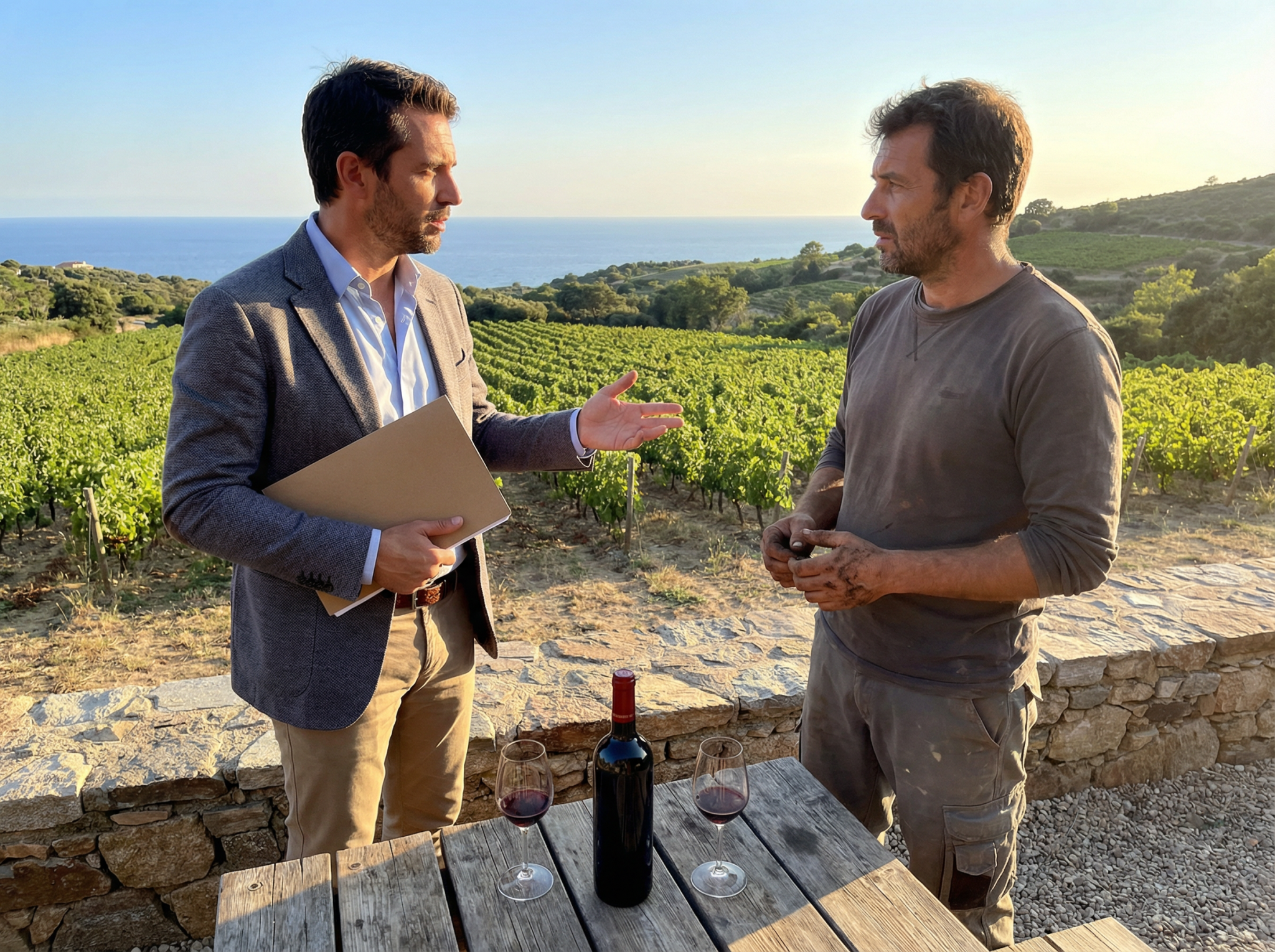 Discussion entre deux hommes dans un vignoble au soleil