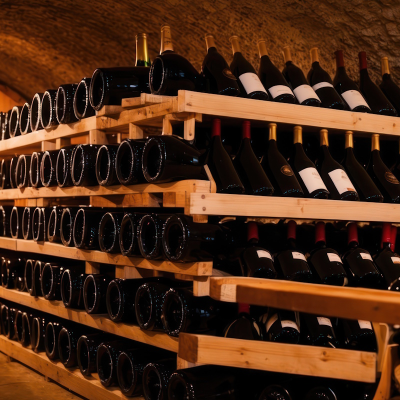Bouteilles de vin sur étagères en cave