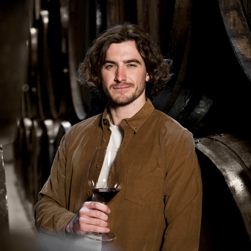 Homme tenant un verre de vin en cave